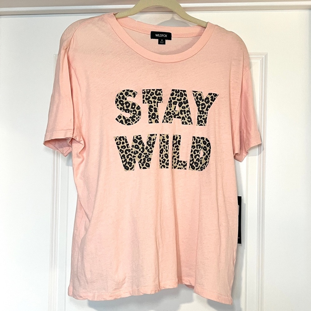 Wildfox T-Shirt Top Womens Medium Stay Wild Keke Blush Pink Leopard Short Sleeve